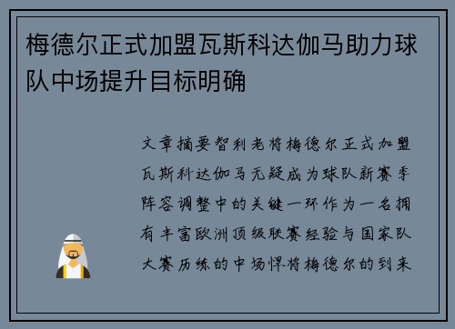 梅德尔正式加盟瓦斯科达伽马助力球队中场提升目标明确
